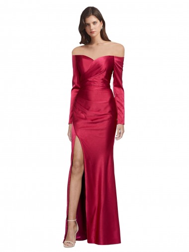 Cheap Long Sleeves Off the Shoulder Formal Stretch Satin Bridesmaid Dress / Prom Dress with High Side Split Perth