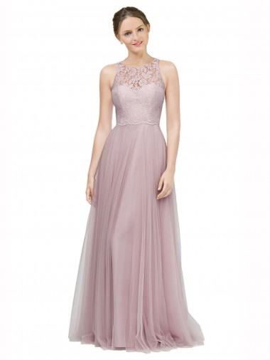Cheap High Neck Long Tulle Bridesmaid Dress with Lace Bodice Perth