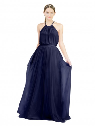 Cheap Long A-Line High Neck Halter Tulle Bridesmaid Dress Perth
