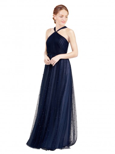 Cheap Floor Length Long Halter Pleated Tulle Bridesmaid Dress Perth