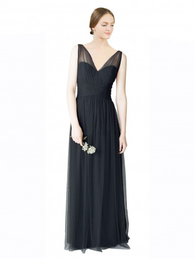 Cheap Long Tulle Bridesmaid Dress with Illusion Shoulder Straps and V-Back Perth