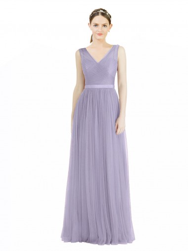 Cheap Wide Straps V-Neck Long Tulle Bridesmaids with Belt Perth