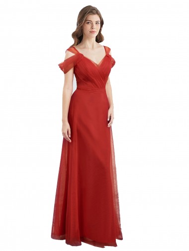 Cheap Cold Shoulder Pleated Wrap Tulle Bridesmaid Dress with Low V-Back Perth