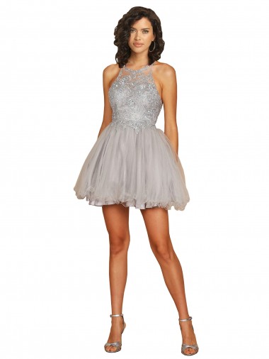Cheap Halter Neckline Criss Cross Back Short Cocktail Dress with Beaded Lace Bodice Perth
