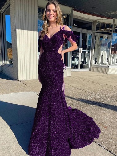 Cheap Cold Shoulder Sleeveless Long Court Train Velvet Sequin Prom Dress Perth
