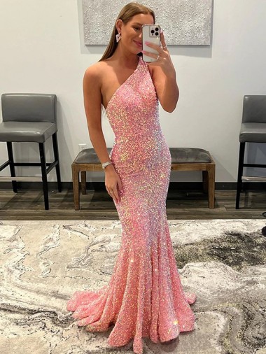 Cheap Open Back One Shoulder Sleeveless Long Sweep Train Velvet Sequin Prom Dress Perth