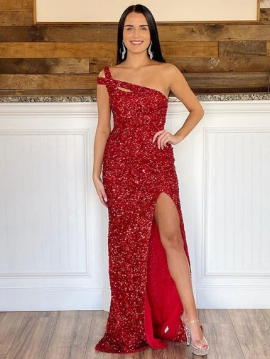 Cheap One Shoulder Sleeveless Long Sweep Train Velvet Sequin Prom Dress Perth