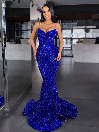 Cheap Mermaid Spaghetti Straps Sleeveless Long Sweep Train Velvet Sequin Prom Dress Perth