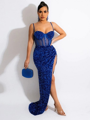 Cheap Long Sweep Train Spaghetti Straps Sleeveless Velvet Sequin Prom Dress with Slit Perth