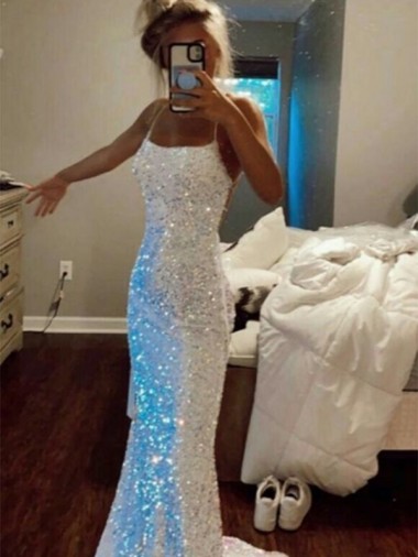 Cheap Long Spaghetti Straps Sleeveless Sweep Train Velvet Sequin Prom Dress Perth