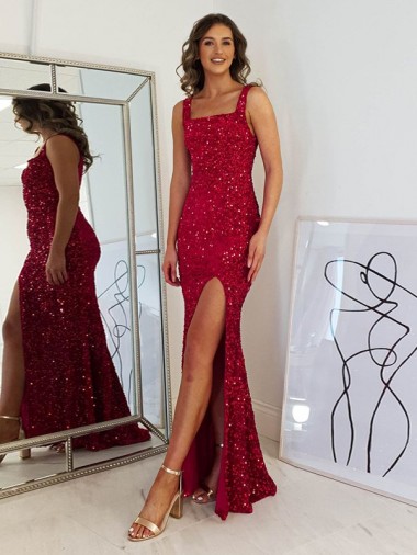 Cheap Square Neck Sleeveless Long Velvet Sequin Prom Dress with Slit Perth