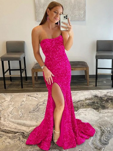 Cheap Strapless Sleeveless Long Sweep Train Velvet Sequin Prom Dress with Side Slit Perth
