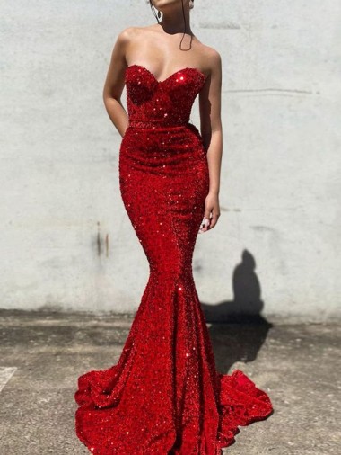Cheap Mermaid Sweetheart Sleeveless Long Court Train Velvet Sequin Prom Dress Perth