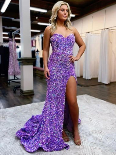 Cheap A-Line Sweetheart Sleeveless Long Velvet Sequin Prom Dress with Slit Perth
