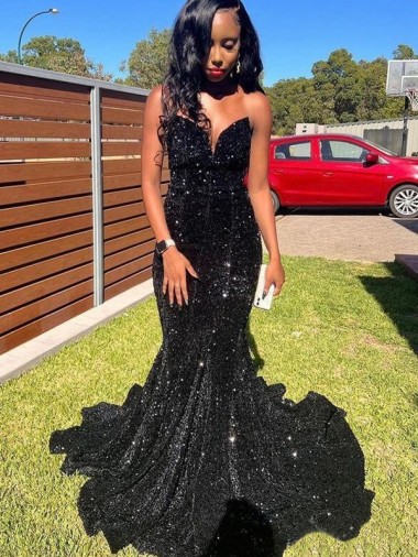 Cheap Mermaid Sweetheart Sleeveless Long Floor Length Velvet Sequin Prom Dress Perth