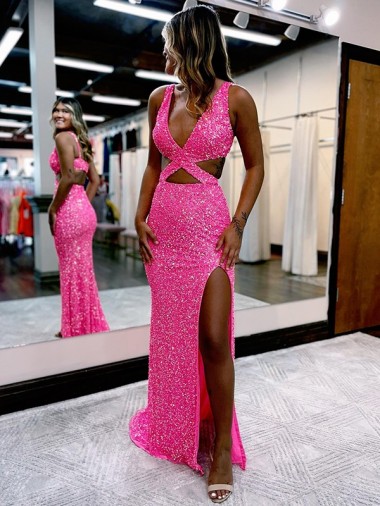 Cheap Long V-Neck Sleeveless Sweep Train Velvet Sequin Prom Dress with High Slit Perth