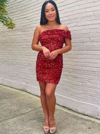 Cheap Short One Shoulder Sleeveless Velvet Sequin Cocktail Homecoming Dress / Prom Dress Perth