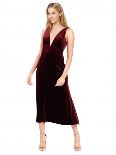 Cheap Daring Plunging V-Neckline Short Midi Cocktail Length Velvet Bridesmaid Dress / Prom Dress Perth
