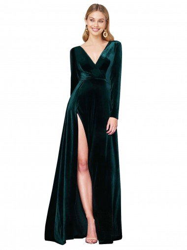 Cheap Deep V-Neck Long Sleeves Formal Velvet Bridesmaid Dress / Prom Dress with High Side Split Perth