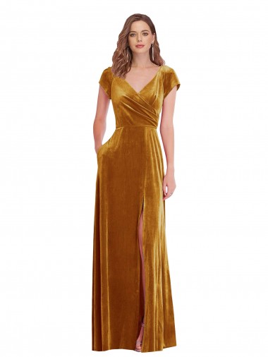 Cheap Cap Sleeve Faux Wrap Formal Velvet Maxi Bridesmaid Dress / Prom Dress with Pockets Perth