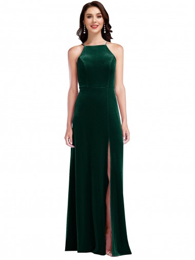 Cheap Velvet Halter Maxi Bridesmaid Dress / Prom Dress with Front Slit Perth