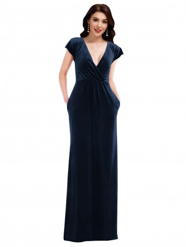 Cheap Flutter Sleeve Wrap Bodice Formal Velvet Maxi Bridesmaid Dress / Prom Dress with Pockets Perth