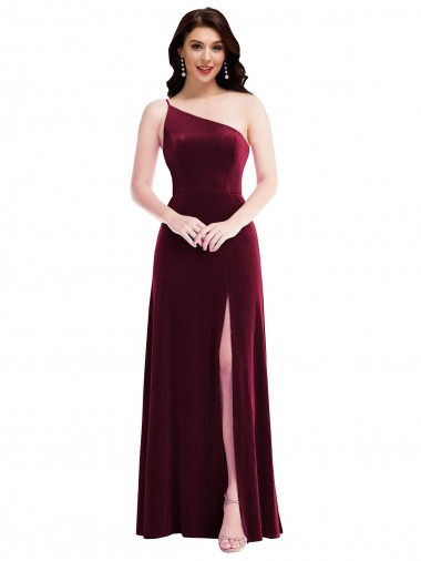 Cheap One Shoulder Spaghetti Strap Velvet Maxi Bridesmaid Dress / Prom Dress with Pockets Perth
