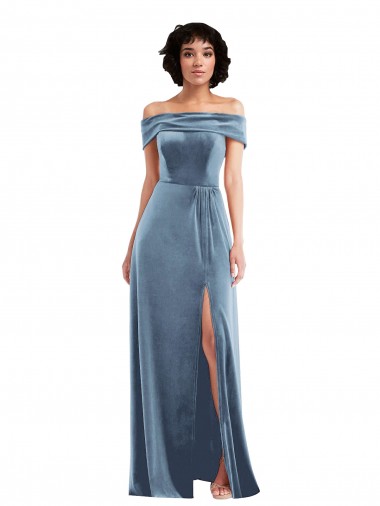 Cheap Draped Cuff Off the Shoulder Velvet Maxi Bridesmaid Dress / Prom Dress with Pockets Perth