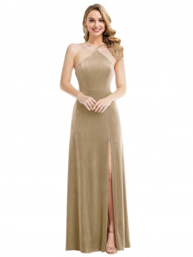 Cheap High Neck Halter Open Back Long Velvet Maxi Bridesmaid Dress / Prom Dress Perth