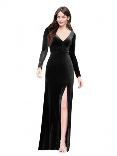 Cheap Long Sleeves Formal Velvet Bridesmaid Dress / Prom Dress with V-Neckline and Thigh Slit Perth