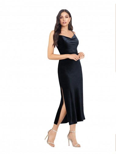 Cheap Midi Cocktail Length Formal Velvet Bridesmaid Dress / Prom Dress with Cowl Neck and Spaghetti Straps Perth