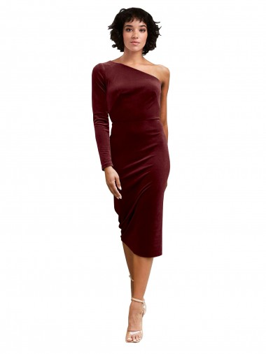 Cheap One Shoulder Fitted Short Midi Length Velvet Bridesmaid Dress / Prom Dress Perth