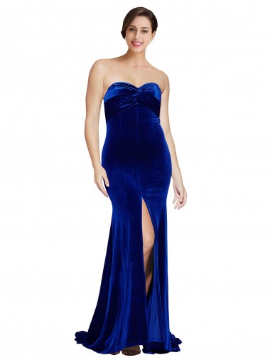 Cheap Strapless Ruched Formal Velvet Bridesmaid Dress / Prom Dress with Sweep Train and Front Slit Perth