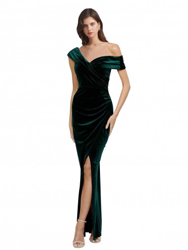 Cheap Long Asymmetric Neckline Ruched Formal Velvet Bridesmaid Dress / Prom Dress Perth